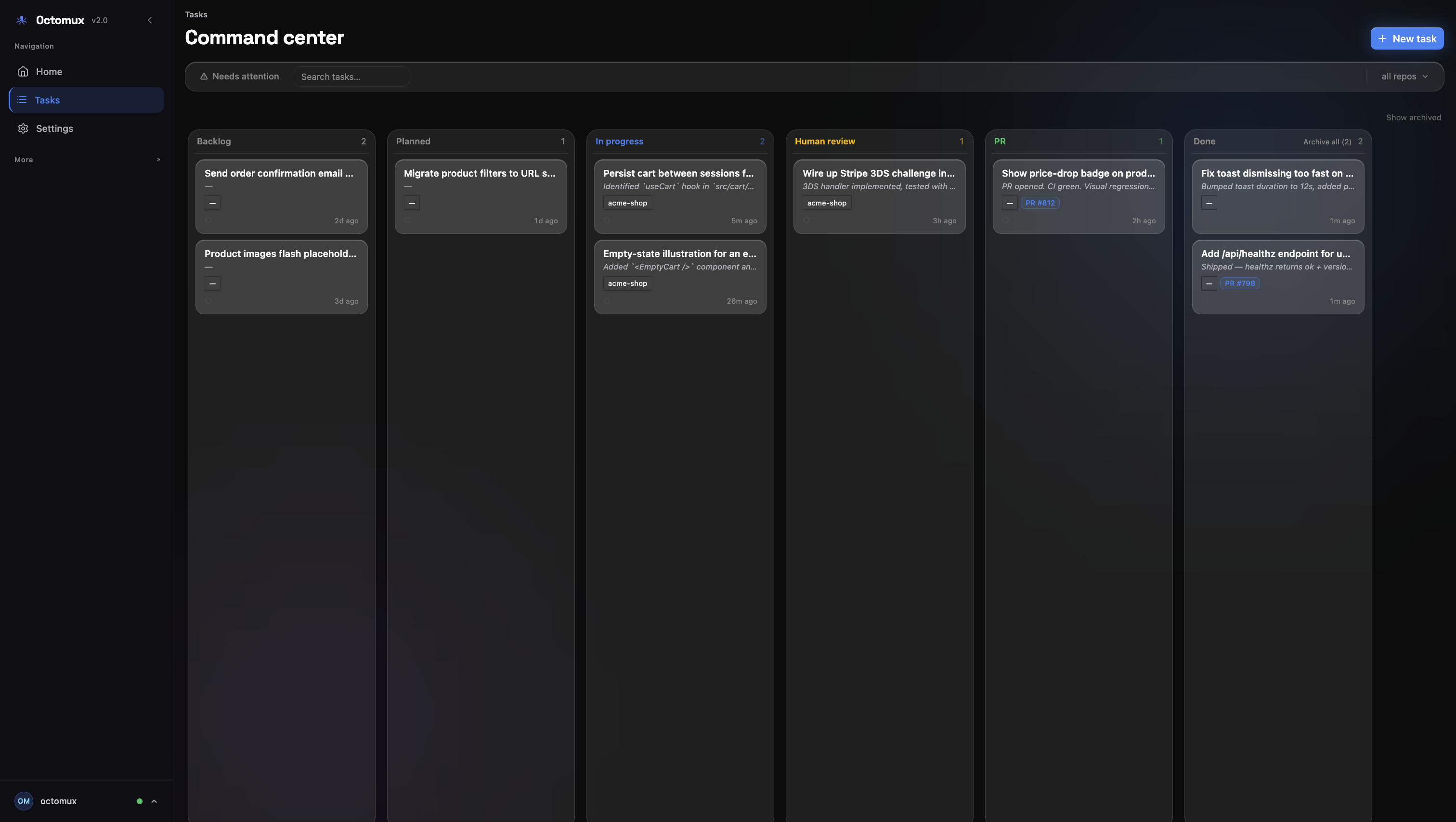 Command center kanban with tasks across Backlog, Planned, In progress, Human review, PR, and Done