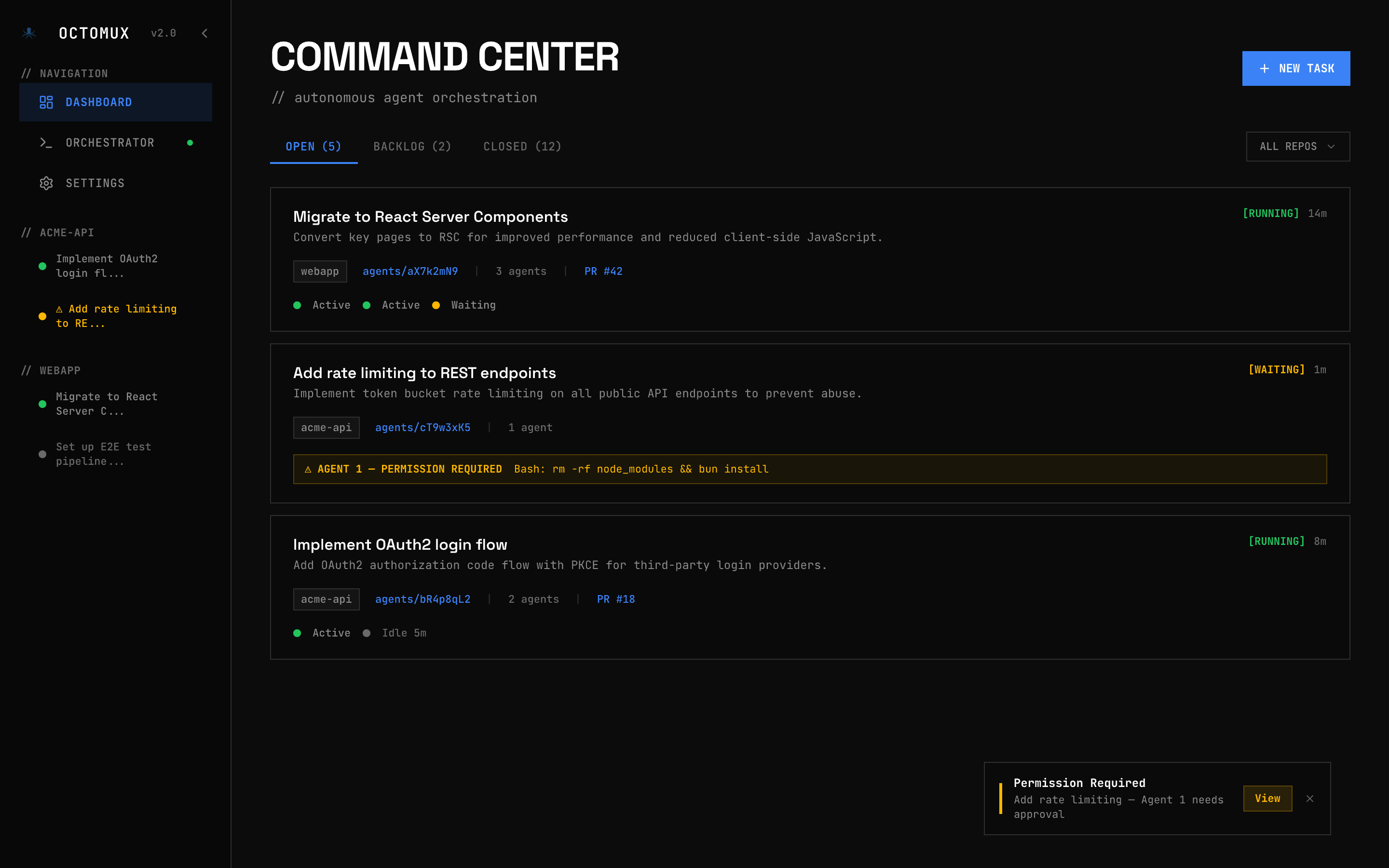 octomux dashboard showing task cards and agent status