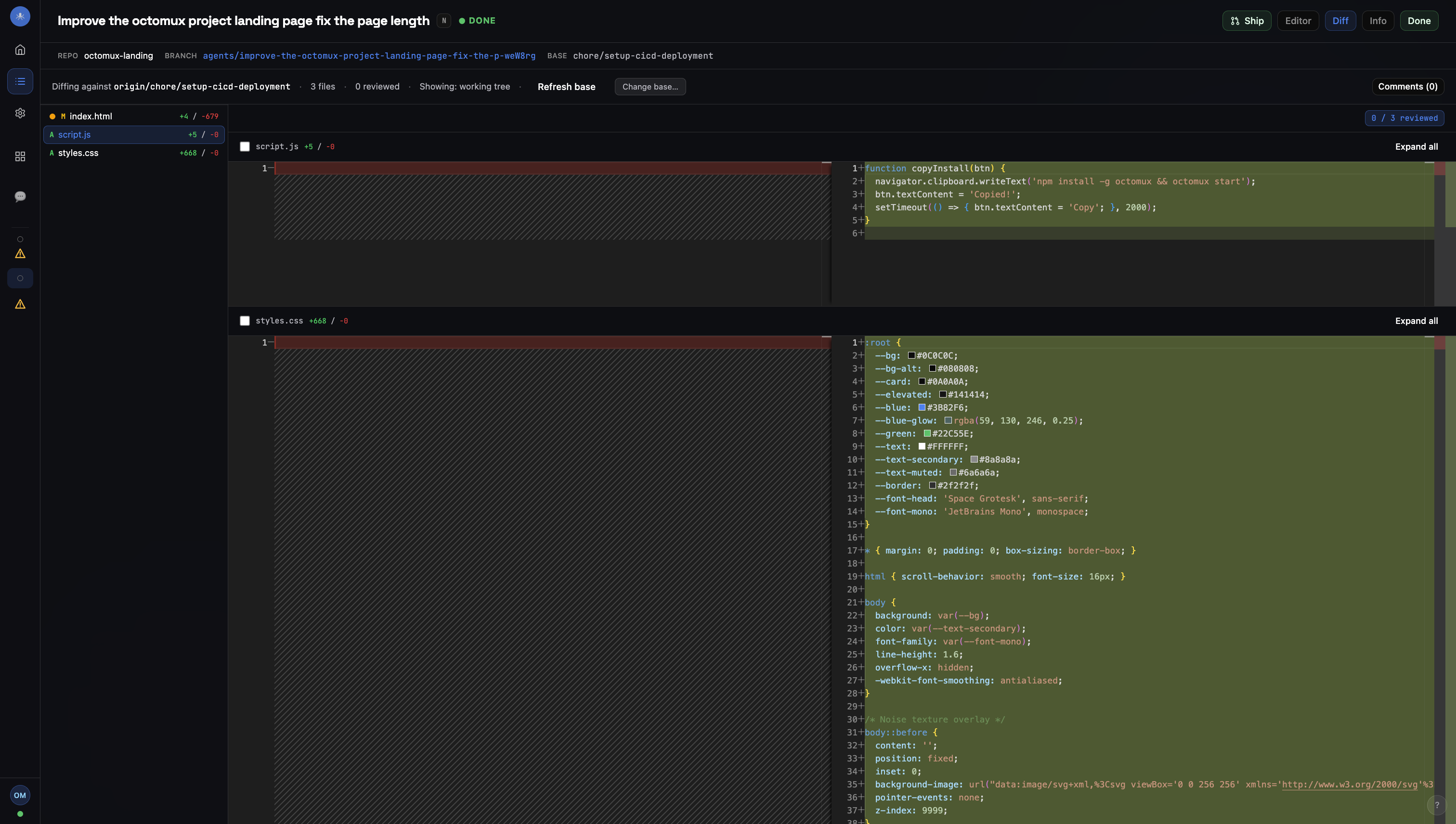 In-app diff review with file tree and side-by-side diff