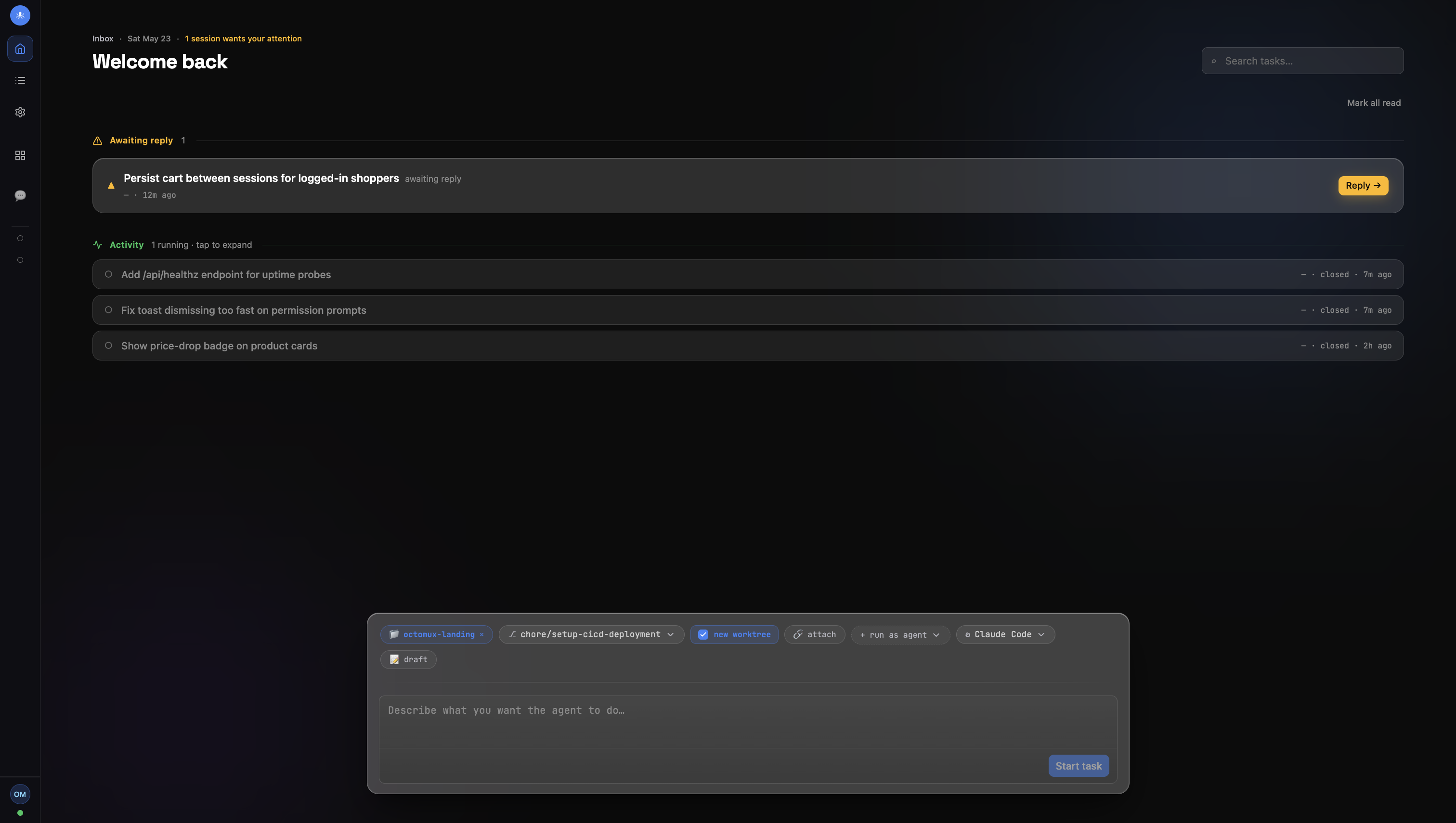 Sessions inbox with awaiting-reply prompt and the composer at the bottom