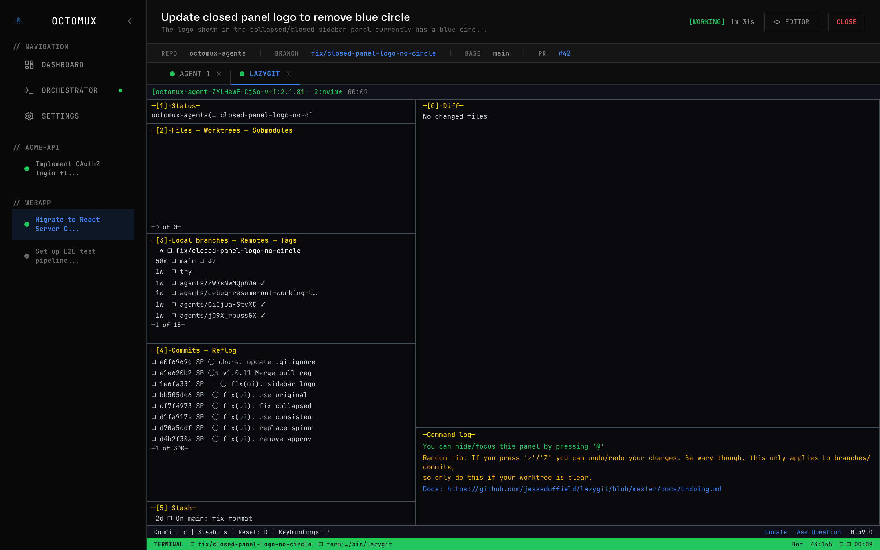 Lazygit review integrated inside octomux task view