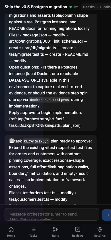 The octomux orchestrator chat open on a phone, showing task plans awaiting approval