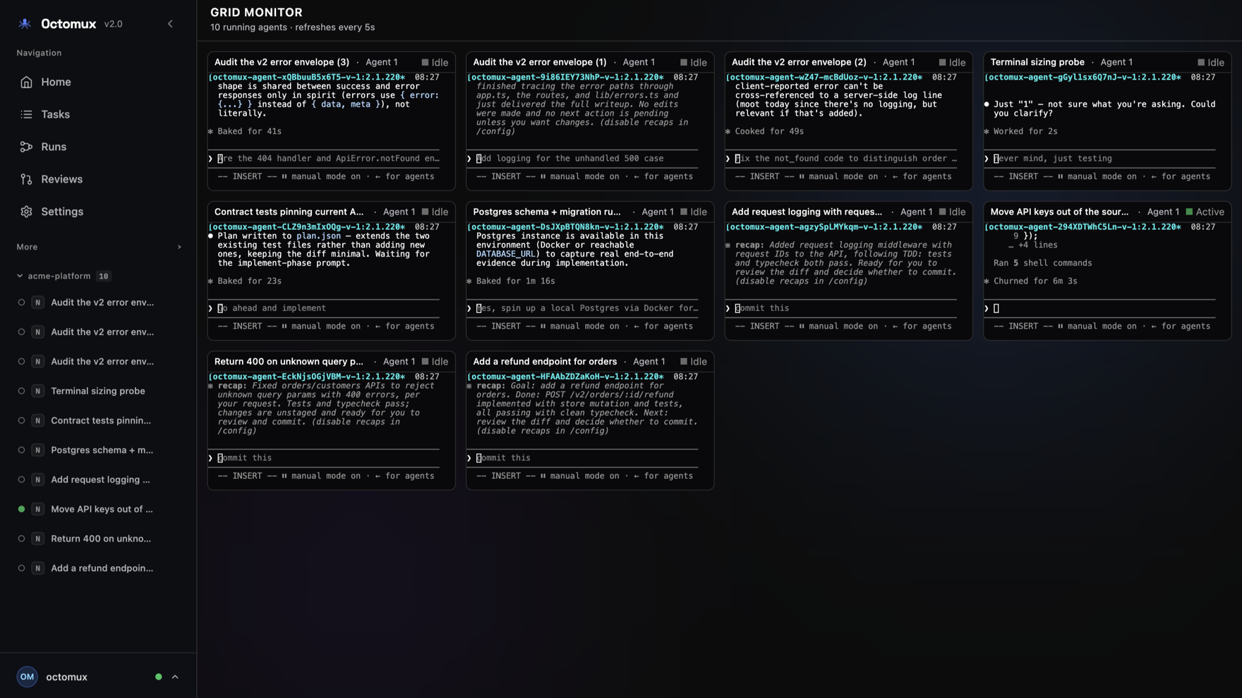 Monitor grid tiling every running agent's live terminal into one wall