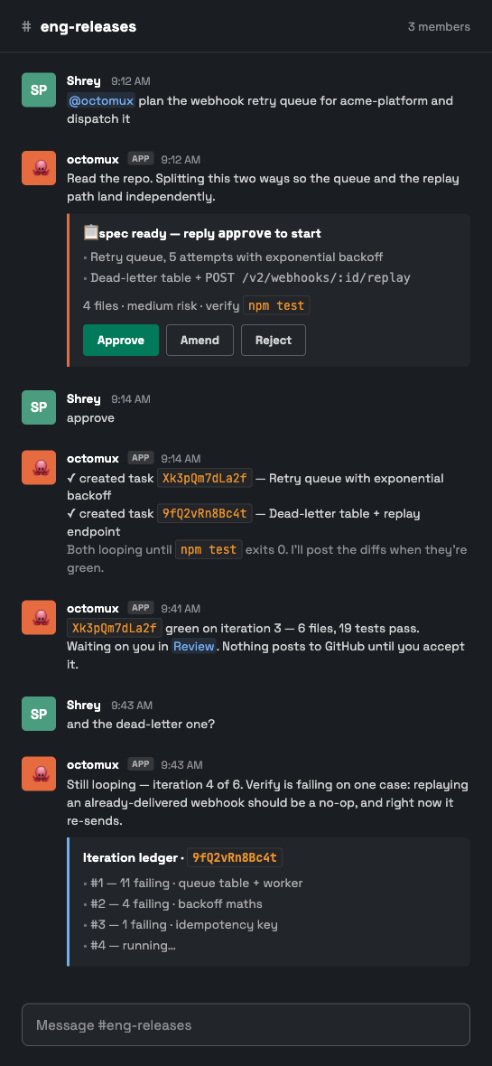 A Slack thread where octomux proposes a spec, is approved, dispatches two tasks and reports back when verify passes